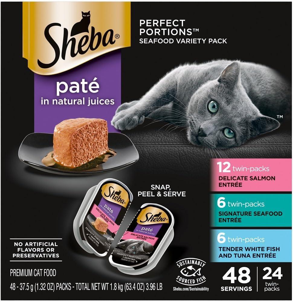 SHEBA PERFECT PORTIONS Paté Adult Wet Cat Food Trays (24 Count, 48 Servings), Signature Seafood Entrée, Easy Peel Twin-Pack Trays